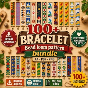 Può includere: Una collezione digitale di oltre 100 schemi per braccialetti a telaio con perline, con motivi vari come barche a vela, fiori, dinosauri e forme geometriche. Il pacchetto include file A4 in formato PDF e PNG per la stampa e la creazione.