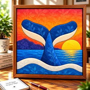 Puede incluir: Una pieza de arte mural de tela enmarcada que presenta la silueta de una cola de ballena azul contra un vibrante atardecer naranja y amarillo sobre un océano azul. El diseño incluye un sutil patrón de hojas en la cola y las olas.