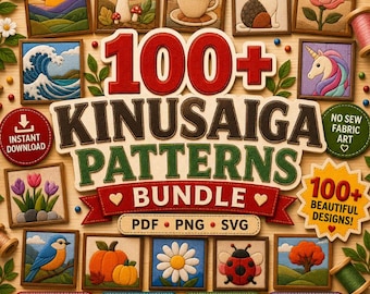 Puede incluir: Un paquete digital de más de 100 patrones Kinusaiga con varios diseños de arte en tela como un hongo, taza de café, gato, rosa, ola, unicornio, tulipanes, pájaro azul, calabaza, margarita, mariquita y árbol, en formatos de archivo PDF, PNG y SVG.