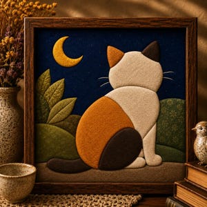 Peut inclure: Une œuvre d'art murale en tissu dans un cadre carré représentant un chat calico assis de dos. La scène comprend un ciel nocturne bleu foncé avec un croissant de lune jaune, du feuillage vert et un sol brun, le tout réalisé en feutrine superposée.