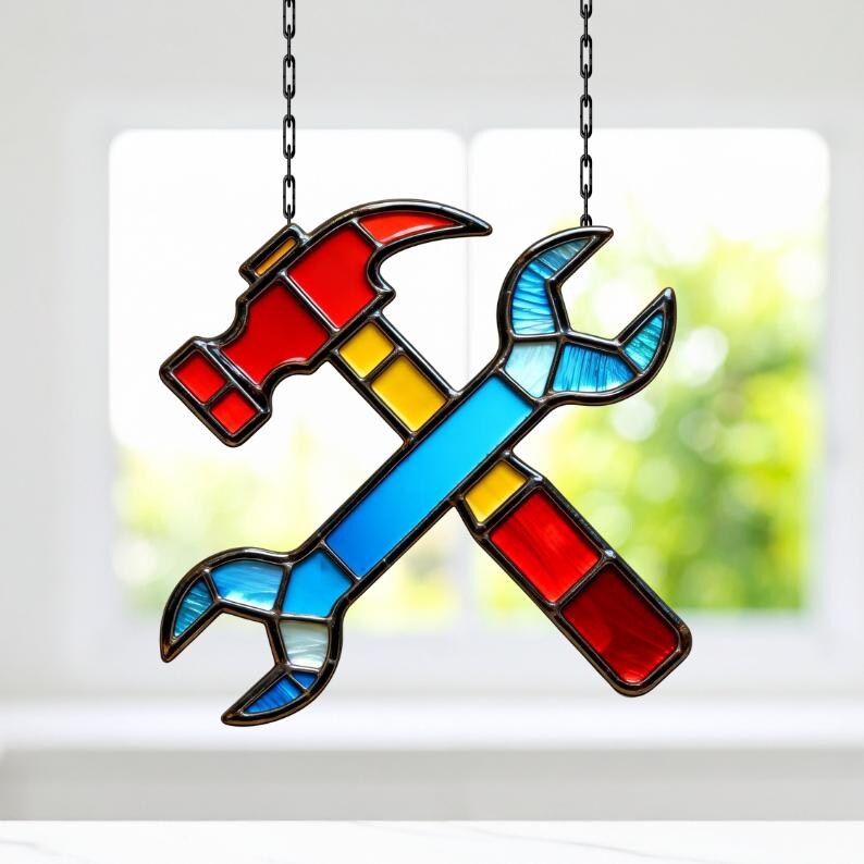 May include: Stained glass art piece featuring a hammer and wrench crossed. The hammer is red with a yellow handle, and the wrench is blue, red, and yellow. The piece hangs from black chains, perfect for a workshop or garage.