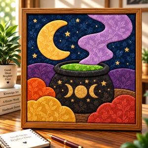 May include: A square framed fabric art piece featuring a black cauldron with a triple moon symbol, emitting purple smoke against a dark blue starry background. The scene includes a yellow crescent moon and textured clouds in orange, yellow, and red.
