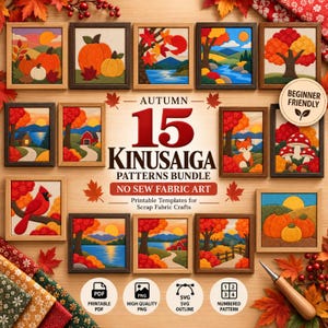 Puede incluir: Una colección de 15 patrones Kinusaiga con diseños de arte en tela con temática otoñal, incluyendo calabazas, paisajes, un zorro, un cardenal y setas. El paquete incluye plantillas imprimibles para manualidades en tela sin costura.