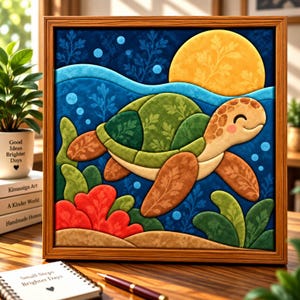 Può includere: Un'opera d'arte da parete incorniciata raffigurante una tartaruga marina stilizzata che nuota in acque blu profondo con un grande sole giallo, corallo rosso e alghe verdi. La tartaruga ha un guscio verde a motivi e pinne marroni.