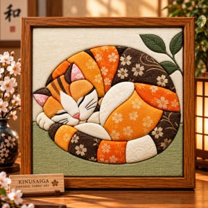 Puede incluir: Una pieza de arte en tela Kinusaiga enmarcada que representa a un gato calicó acurrucado. El gato está compuesto por parches de tela naranja, blanca y marrón oscuro con patrones florales. Un letrero de madera dice KINUSAIGA JAPANESE FABRIC ART.