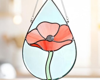 Mohnblume Teardrop Suncatcher Glasmalerei-Muster, abstraktes organisches Design, digitaler Download