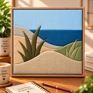 May include: A square fabric wall art piece in a wooden frame featuring a layered landscape design. The scene depicts a light blue sky, a dark blue sea, beige sand dunes, and two clusters of dark green pointed leaves, all rendered in textured fabric.