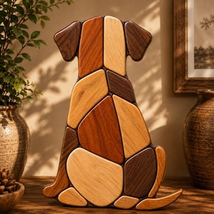 May include: A decorative wooden sculpture shaped like a dog, constructed from multiple interlocking pieces of wood in varying shades of light, medium, and dark brown. The figure features a smooth, polished finish with visible wood grain patterns.