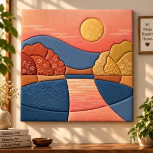 Pode incluir: Uma peça de arte de parede quadrada em tecido com um design de paisagem em camadas. A cena retrata um sol amarelo contra um céu cor de pêssego, com colinas onduladas em tons de vermelho, laranja e azul. A seção inferior mostra um padrão.