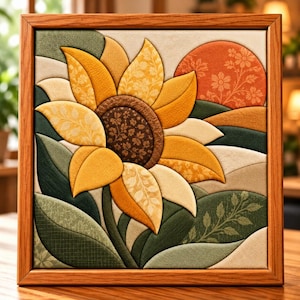 Könnte beinhalten: Ein quadratisches Wandbild mit einer Stoff-Sonnenblume mit gelben und goldenen Blütenblättern, einer dunkelbraunen Mitte und grünen Blättern. Der Hintergrund zeigt eine große orangefarbene Sonne mit Blumenmuster in einem hellen Holzrahmen.