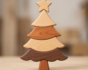 May include: A decorative wooden Christmas tree sculpture composed of four stacked horizontal segments in varying shades of light, medium, and dark brown wood, topped with a five-pointed star, featuring a smooth finish and visible wood grain.