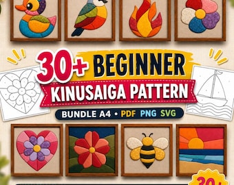 May include: A digital collection of 30+ beginner Kinusaiga patterns featuring colorful fabric-style illustrations of a duck, bird, flame, flower, heart, bee, and sunset. The text reads 30+ BEGINNER KINUSAIGA PATTERN BUNDLE A4 PDF PNG SVG.