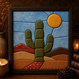 May include: A framed fabric wall art piece featuring a segmented green cactus in the center. The background depicts a blue sky with a yellow sun and layered desert hills in shades of brown, tan, and patterned red fabric within a dark frame.
