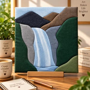 Op de afbeelding: Een vierkant wandkunstwerk van stof met een gelaagd landschapsontwerp en een centrale waterval. De scène bevat donkerblauwe, bruine en groene stoffen delen die bergen en heuvels voorstellen, met lichtblauwe stof voor de waterval.