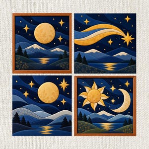 Può includere: Un set di quattro decorazioni murali quadrate incorniciate raffiguranti paesaggi notturni stilizzati in tonalità blu profondo. Le illustrazioni mostrano montagne, pini e specchi d'acqua sotto una luna piena, una stella cadente, sole e luna.