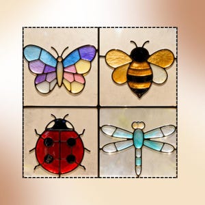 May include: Four stained glass insect designs: a butterfly with blue, purple, and yellow wings; a bee with yellow and black stripes; a red ladybug with black spots; and a blue dragonfly. Each design is set against a neutral background.