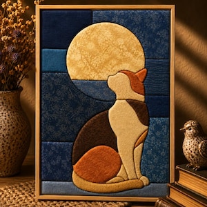 Puede incluir: Una pieza de arte mural de tela rectangular en un marco de madera clara que muestra un gato calicó sentado de perfil, mirando hacia una gran luna de color amarillo dorado texturizada. El fondo consta de varios tonos de tela azul con motivos florales.
