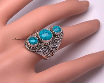 Size 8 #RI74 Chunky Navajo Blue Turquoise Ring Sterling Silver