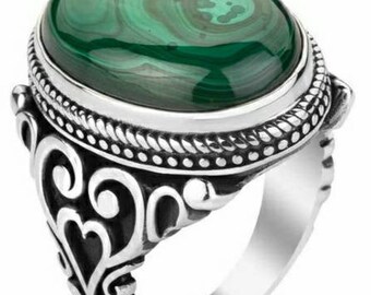 Bague pour homme en malachite, bague ovale, bague homme, bague cadeau mari, bague cadeau père, bague de créateur en argent 925, chevalière, bague cabochon