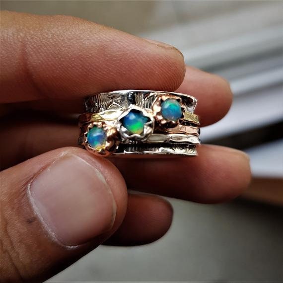 Thumb Ring Gemstone Ring Fidget Ring Aquamarine Ring Bohemian Ring Natural Aquamarine Spinner Ring Anxiety Ring 925 Silver Ring