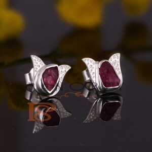 925 Sterling Silver Raw Ruby Cat Face Earrings, Gemstone Studs, Bezel Set Earrings, Ruby cat Jewelry, Gift Stud fine Jewelry For Birthday.