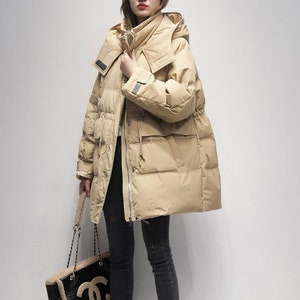 Mid-length down jacket women in winter, thick down jacket, casual down coat, loose down coat, women's down coat, hooded down coat