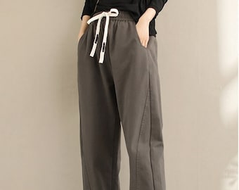 pantaloni in twill vintage, pantaloni casual interamente in cotone, pantaloni con orlo interno in vita da donna, pantaloni Harlan dimagranti, pantaloni lunghi da donna, pantaloni in tinta unita