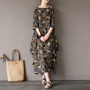 Retro cotton and linen dresses, autumn loose art linen dresses, women's gowns, printed dresses