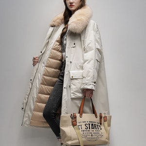 Winter women's mid-length down coat, loose down jackets, long down coat, knee-thick down coat, women's down coat, white duck down coat