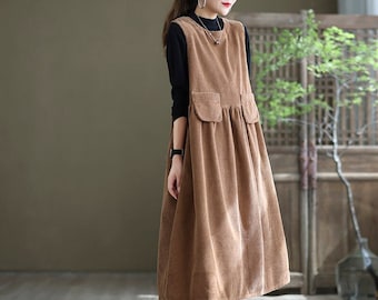 Retro corduroy skirt women, mid-length dresses, loose dresses, plus size round neck dresses, women's dresses, sleeveless dresses