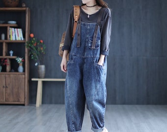 Retro washed denim overalls for women, loose jumpsuits, casual overalls, harem pants, women's overalls, plus size overalls,Denim jumpsuit