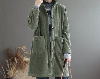 Winter corduroy cotton coat,mid-length warm jacket,ladies corduroy jacket,green cotton jacket,ladies loosecoat,corduroy coat,handmade coat