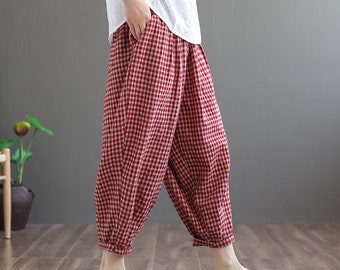 Retro karierte Baumwoll- und Leinenhose Frauen, lose Hose, wilde Haremshose, Karottenhose, Freizeithose, Damenhose, elastische Taillenhose