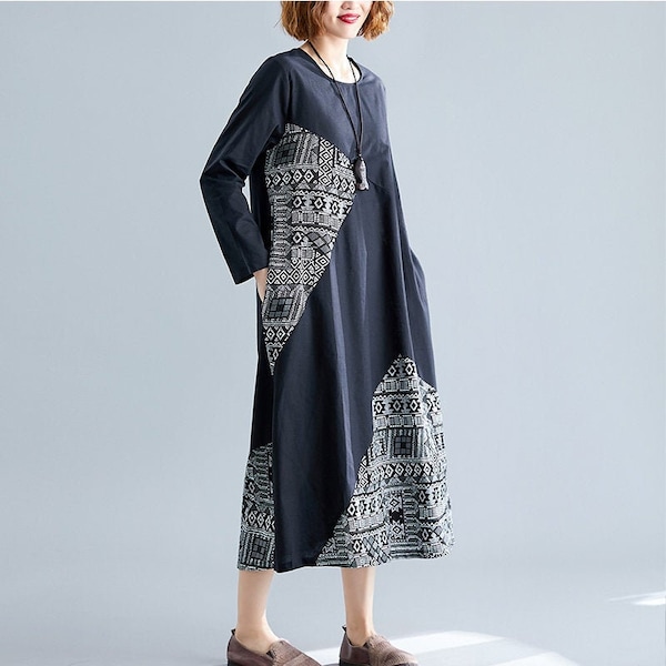 Personalized print large size linen dress, Maxi women's dress,Long  sleeved  print dress, handmade women's dress,Mid-length round neck dress