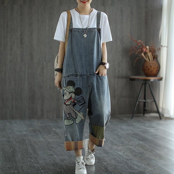 Vintage embroidered denim jumpsuit women, loose jumpsuits, casual jumpsuits,harem pants,denim jumpsuit women,women's pants,Mickey  jumpsuits