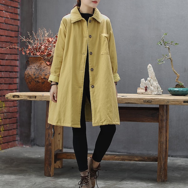 Autumn and winter women's mid-length coat, plus size windbreaker, loose coat, single-breasted cotton coat, casual coat, women's windbreaker