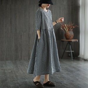 Summer ramie plaid dress for women,literary retro mid-length round neck women's dress,loose dress,casual dress,women's dress,plus size dress