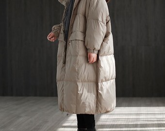 ダウンコート RANDEBOO Modern wrap down coat beige Winter Retro Long Down Jacket Women, Loose Down Coat, Plus