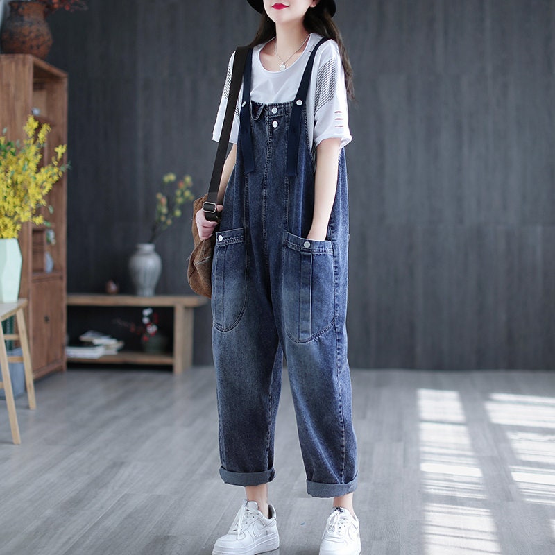 Retro Washed Denim Overalls for Women Loose Jumpsuits Casual | Etsy