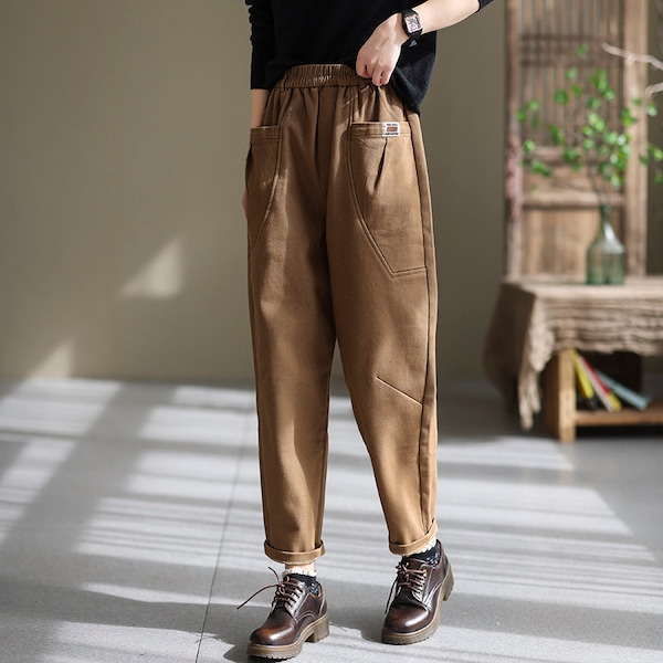 Women's retro casual pants, stitching pocket pants, plush cotton pants, loose pants, women's pants, all-match harem pants,Solid color pants