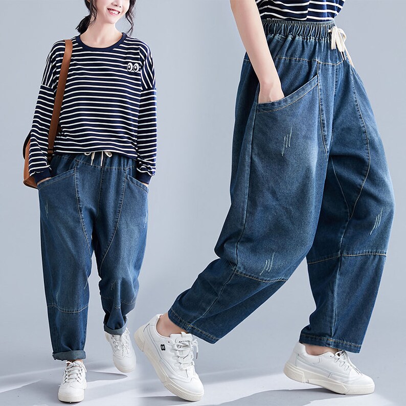 Dark blue large size jeans,women/'s loose casual pants,elastic waist harem,handmade,90s pants,Solid color casual pants,Tie dyed women/'s jeans