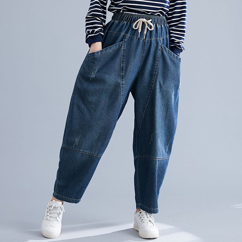 Dark blue large size jeans,women/'s loose casual pants,elastic waist harem,handmade,90s pants,Solid color casual pants,Tie dyed women/'s jeans