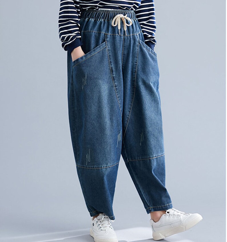 Dark blue large size jeans,women/'s loose casual pants,elastic waist harem,handmade,90s pants,Solid color casual pants,Tie dyed women/'s jeans
