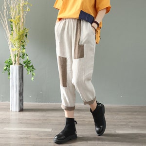 Spring  Linen Casual Pants, Geometric Pattern Pants, Loose Casual Pants, Elastic Mid-Waist Casual Pants, Women's Pants, Large Plaid Pants