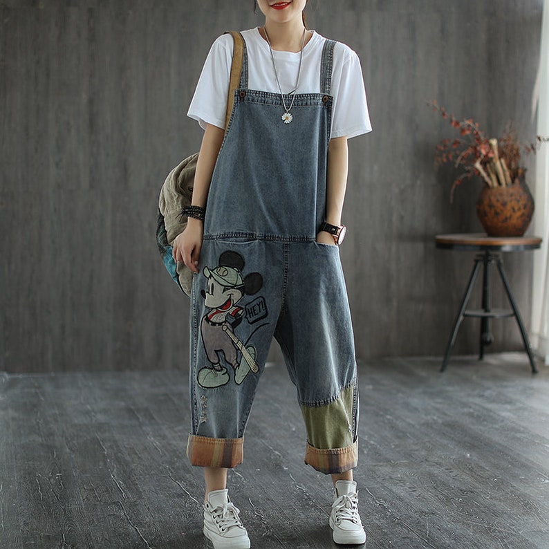 Vintage Embroidered Denim Jumpsuit Women, Loose Jumpsuits, Casual