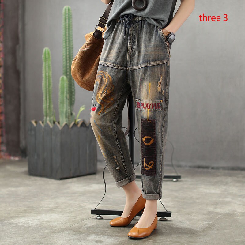 Vintage Distressed Color Matching Jeans Women, Loose Pants, Plus Size ...