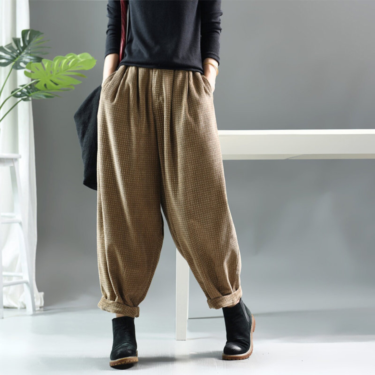 Elastic waist loose corduroy women Harlan casual pants 90s | Etsy