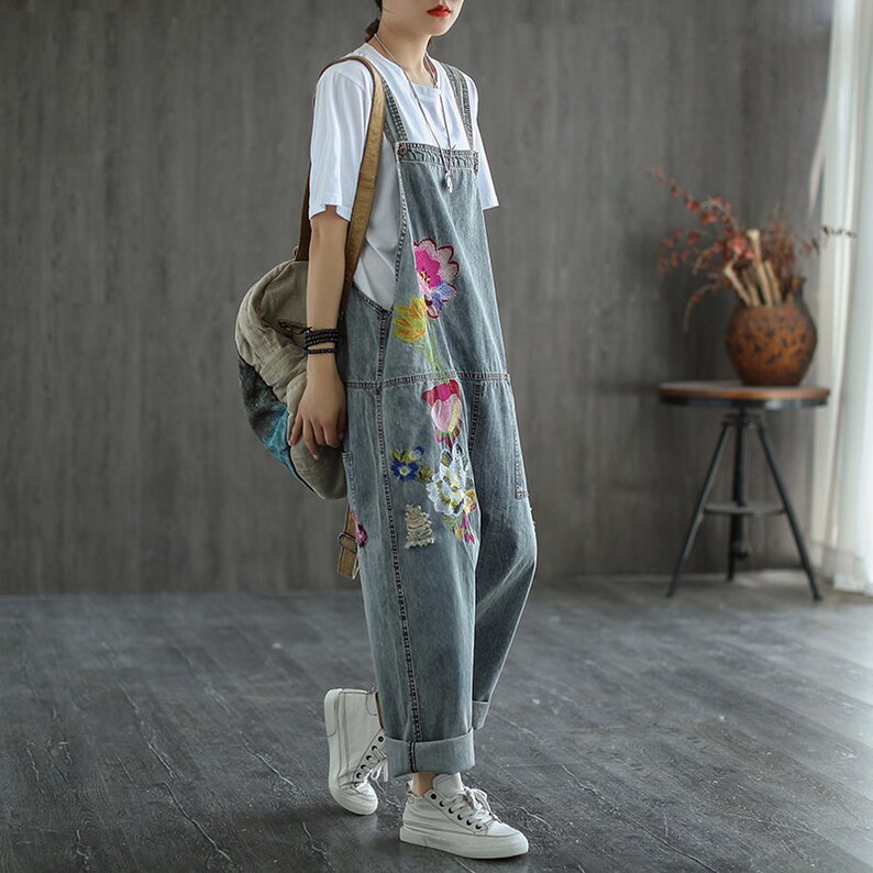 Vintage Embroidered Denim Jumpsuit Women, Loose Jumpsuits, Casual