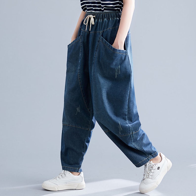 Dark blue large size jeans,women/'s loose casual pants,elastic waist harem,handmade,90s pants,Solid color casual pants,Tie dyed women/'s jeans