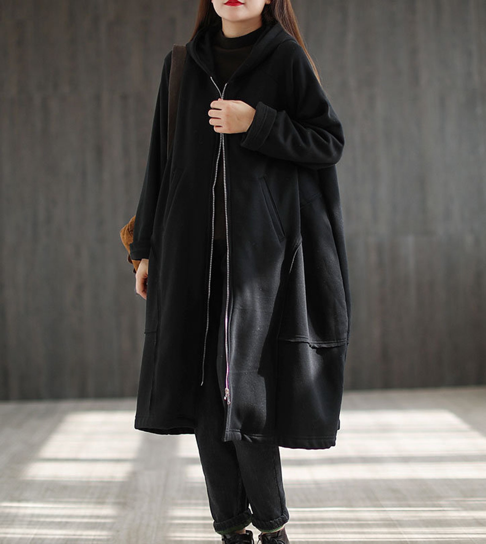 Women's retro hooded plus velvet coat mid-length coat | Etsy